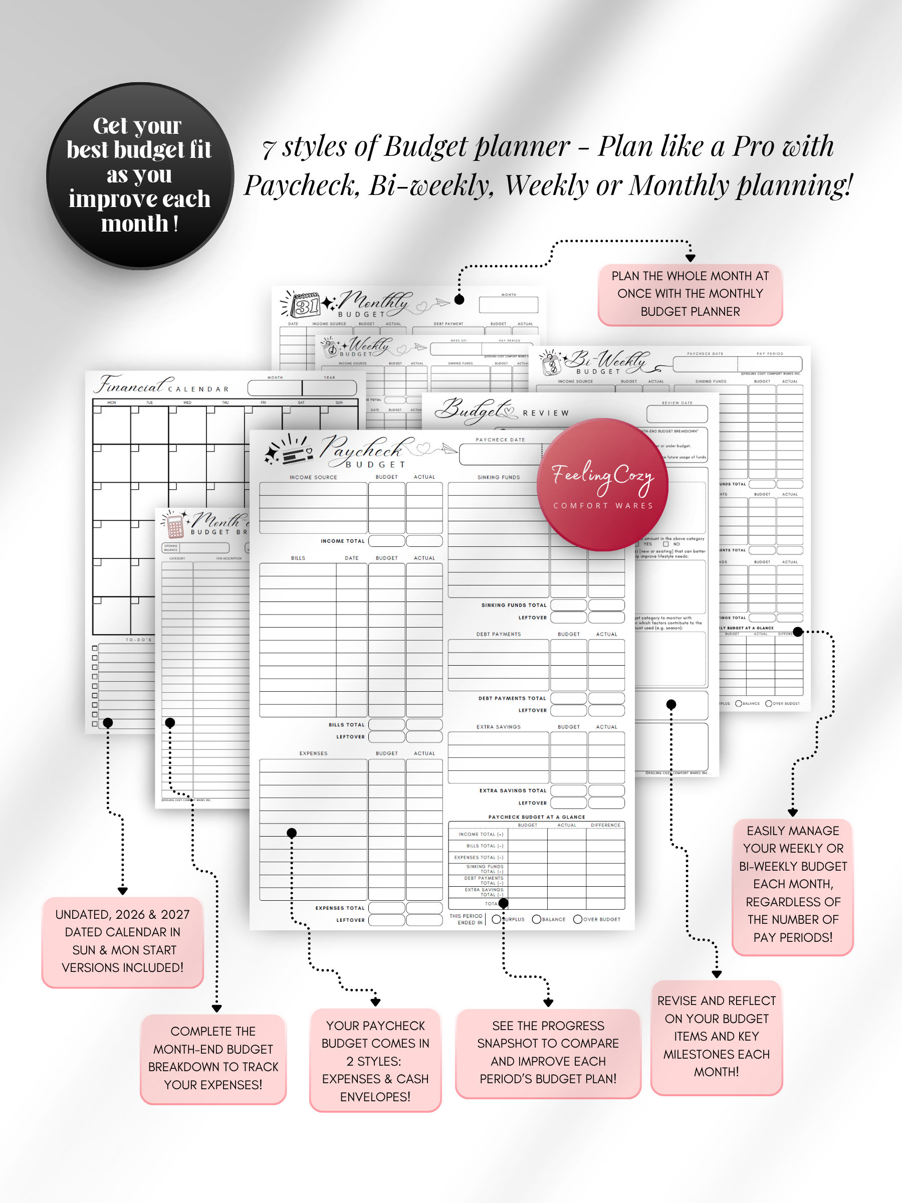 Black & white printable budget planner with 7 budgeting styles — paycheck, bi-weekly, weekly, and monthly planning layouts with financial calendar for print and Goodnotes digital insert use by Feeling Cozy