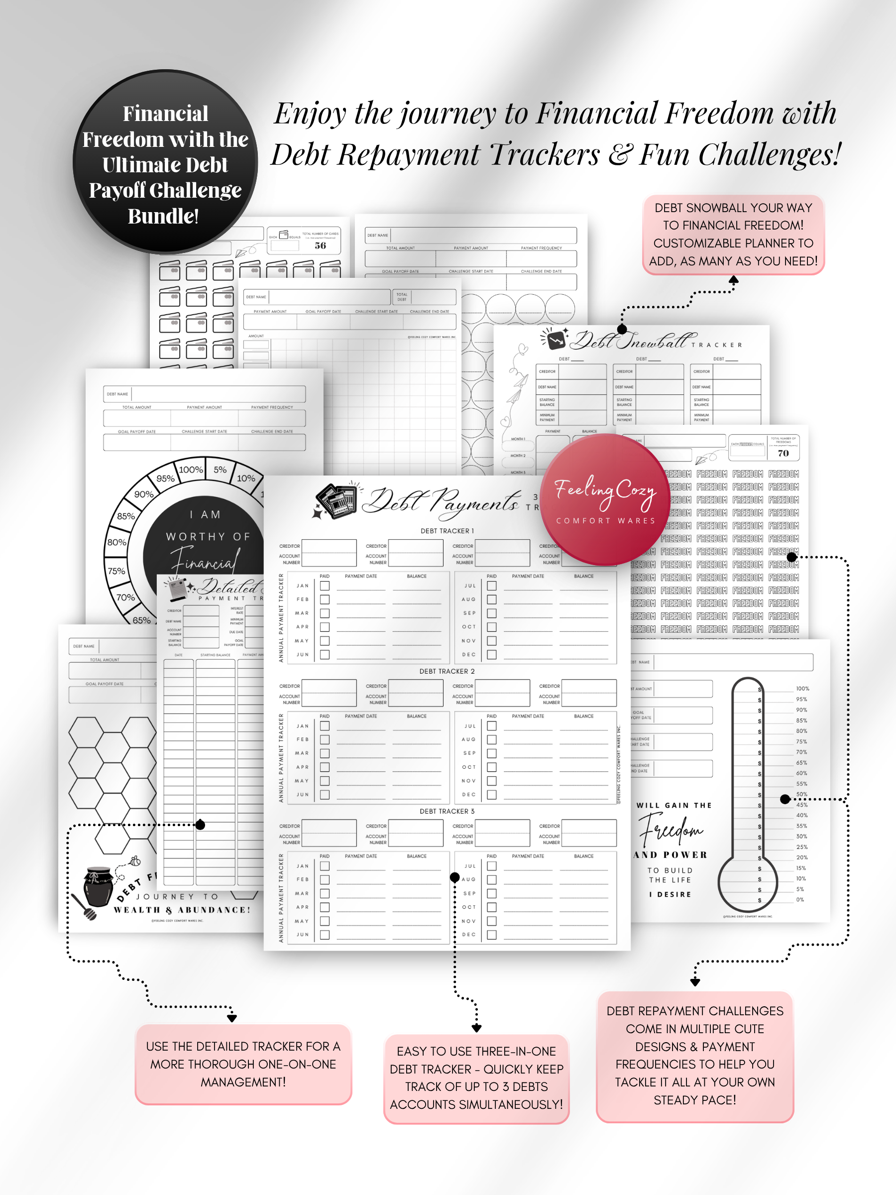 Black & white printable debt payoff challenge bundle — debt snowball tracker, 3-in-1 debt payment tracker, detailed debt tracker, and motivational debt repayment challenges for print and Goodnotes digital insert use by Feeling Cozy
