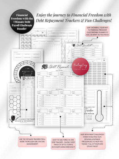Black & white printable debt payoff challenge bundle — debt snowball tracker, 3-in-1 debt payment tracker, detailed debt tracker, and motivational debt repayment challenges for print and Goodnotes digital insert use by Feeling Cozy