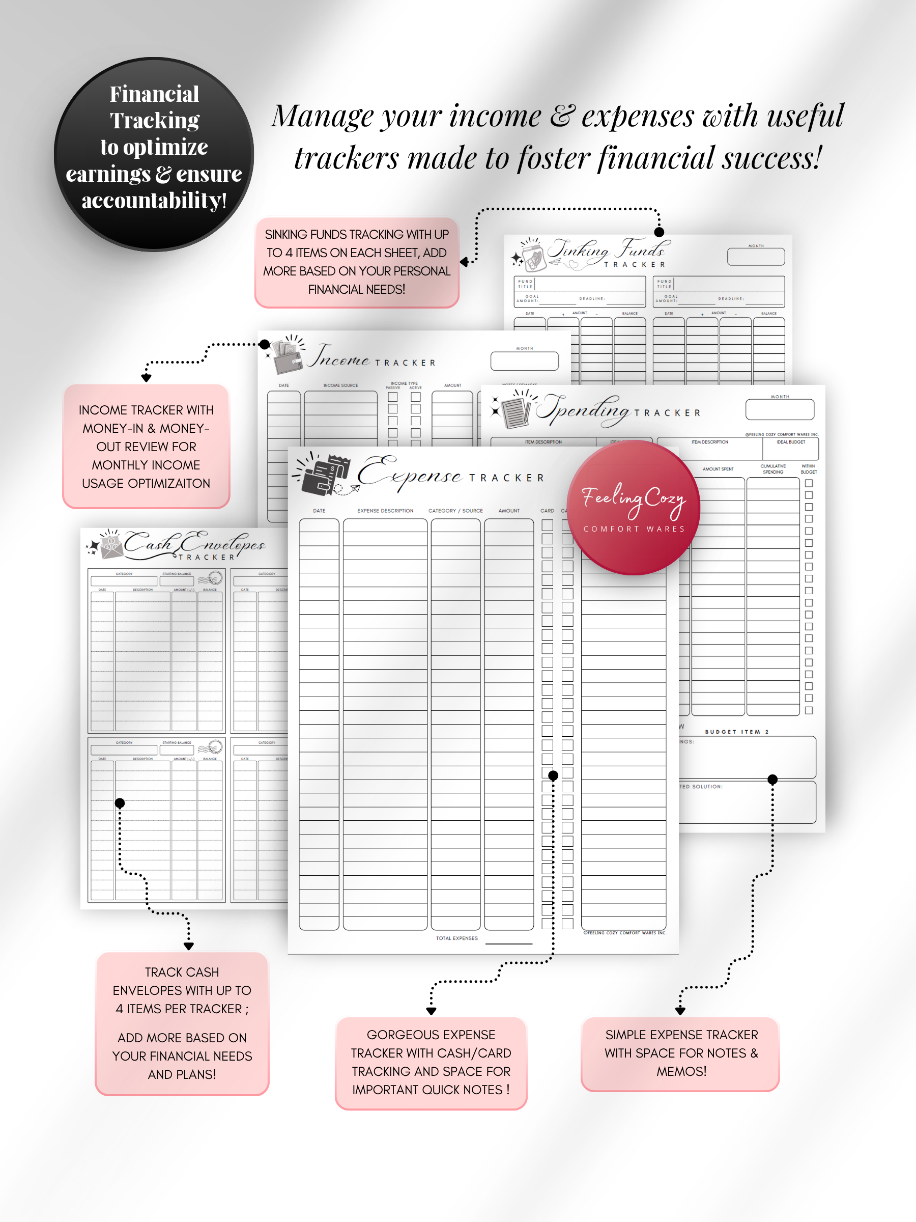 Black & white printable income and expense tracker bundle — expense tracker with cash and card tracking, income tracker, spending tracker, cash envelope tracker, and sinking funds tracker for print and Goodnotes digital insert use by Feeling Cozy