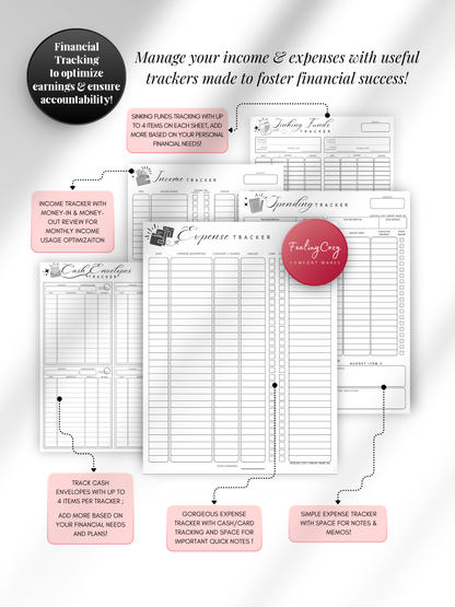 Black & white printable income and expense tracker bundle — expense tracker with cash and card tracking, income tracker, spending tracker, cash envelope tracker, and sinking funds tracker for print and Goodnotes digital insert use by Feeling Cozy
