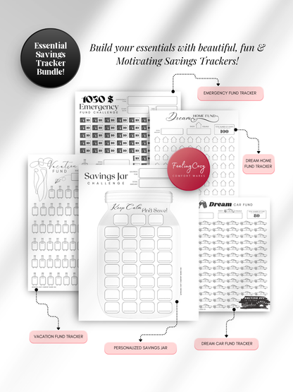 Black & white printable essential savings tracker bundle — personalized savings jar challenge, emergency fund tracker, vacation fund, dream home fund, and dream car fund trackers for print and Goodnotes digital insert use by Feeling Cozy