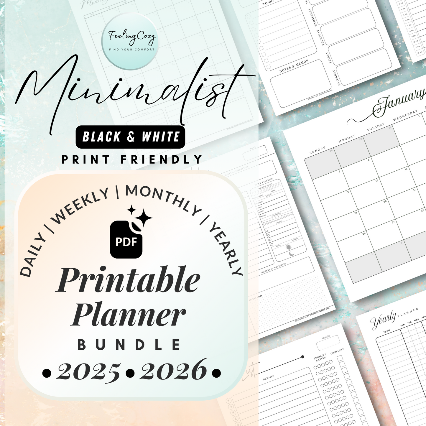 Printable Calendar 2025, 2026 Monthly Calendar template | Daily Planner, Monthly Planner, Hourly Schedule, Weekly Planner, Yearly Planner