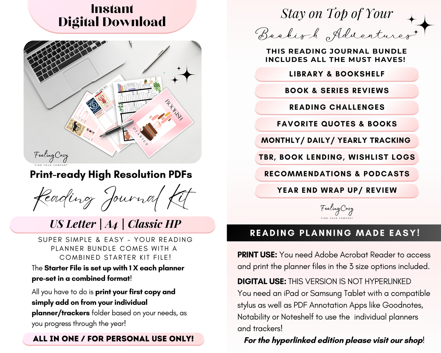 Printable Reading Journal 2025: Monthly Reading Tracker, Reading Planner, Book Review Template, Reading Challenge, Happy Planner Reading Log