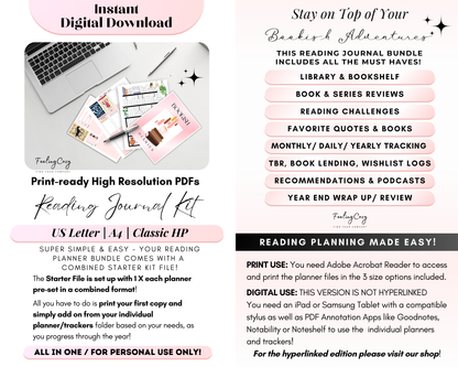 Printable Reading Journal 2025: Monthly Reading Tracker, Reading Planner, Book Review Template, Reading Challenge, Happy Planner Reading Log