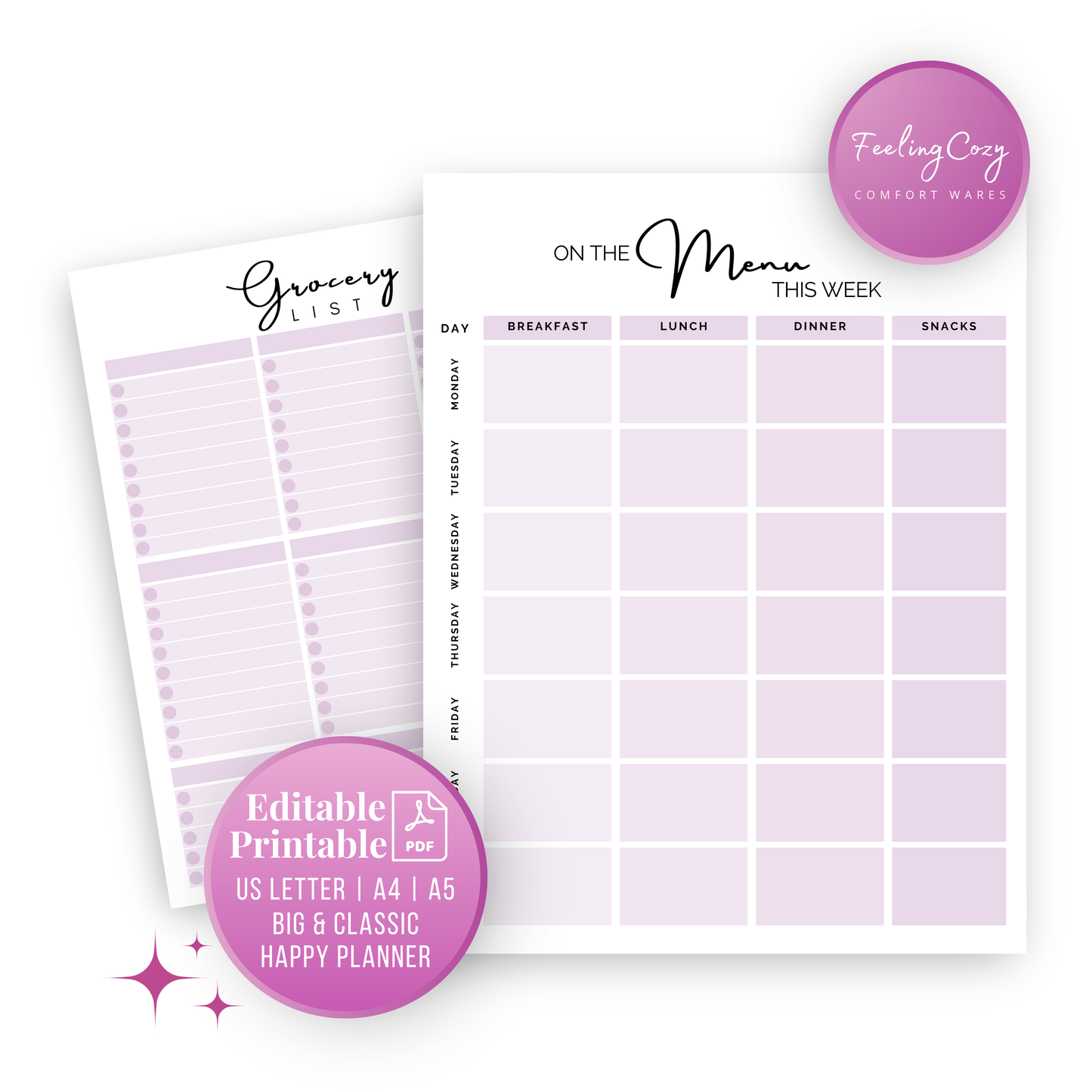 Meal Planner & Grocery List (Purple) | Printable & Editable Version Included