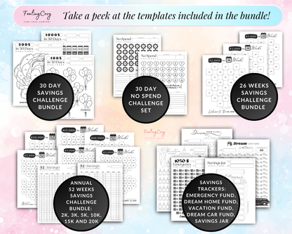 Saving Cgallenges, no spend challenges, saving tracker, emergency fund log, dream home fund tracker, vacation fund tracker, dream car fund tracker