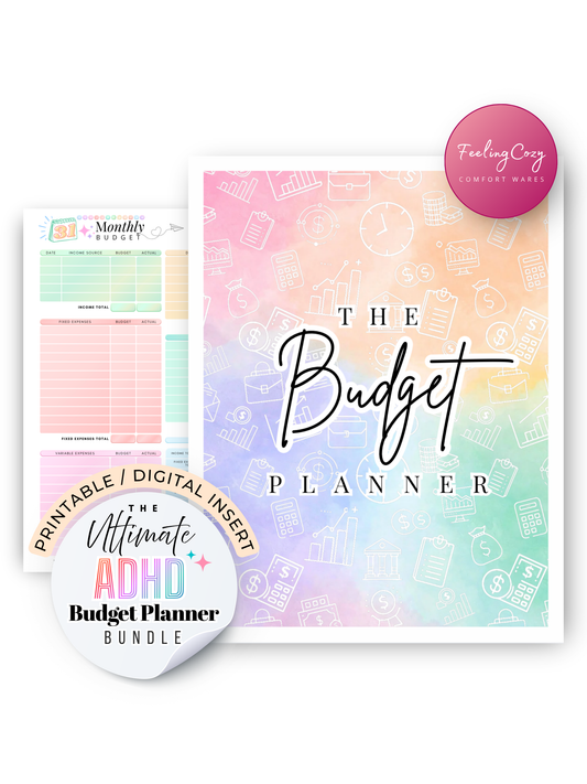 The Ultimate ADHD Budget Planner printable and digital insert bundle by Feeling Cozy — colorful rainbow ADHD color-coded budget planner compatible with Goodnotes, Notability and Happy Planner sizes, A4 and A5