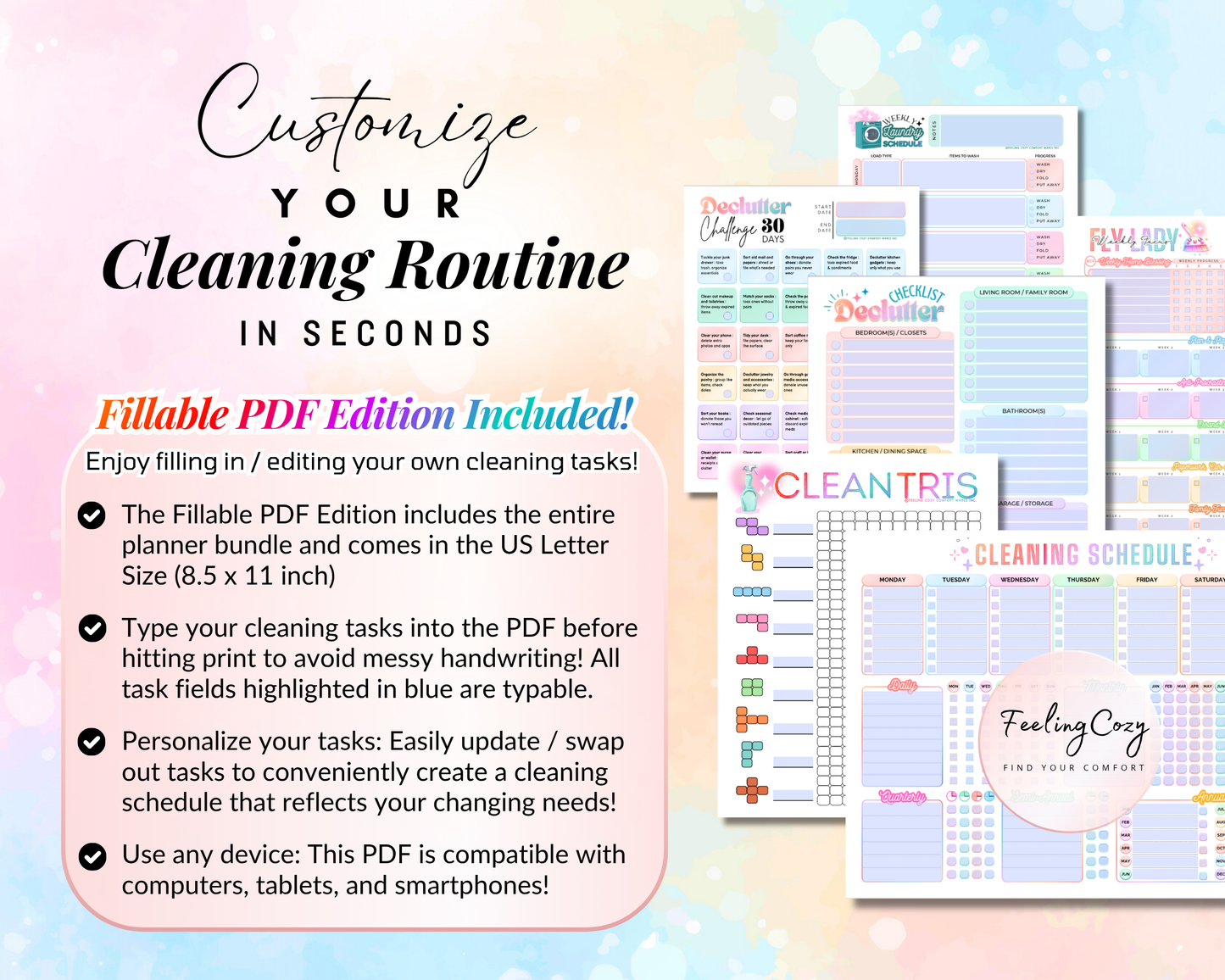 Comprehensive ADHD Cleaning Planner Bundle featuring a Fillable PDF edition for easy digital customization; includes colorful templates for Clean-tris gamified tracking, 30-day decluttering challenges, and laundry routines. Designed for US Letter size and compatible with computers, tablets, and smartphones to eliminate messy handwriting and support executive function.