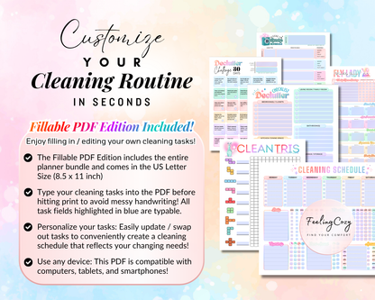 Comprehensive ADHD Cleaning Planner Bundle featuring a Fillable PDF edition for easy digital customization; includes colorful templates for Clean-tris gamified tracking, 30-day decluttering challenges, and laundry routines. Designed for US Letter size and compatible with computers, tablets, and smartphones to eliminate messy handwriting and support executive function.