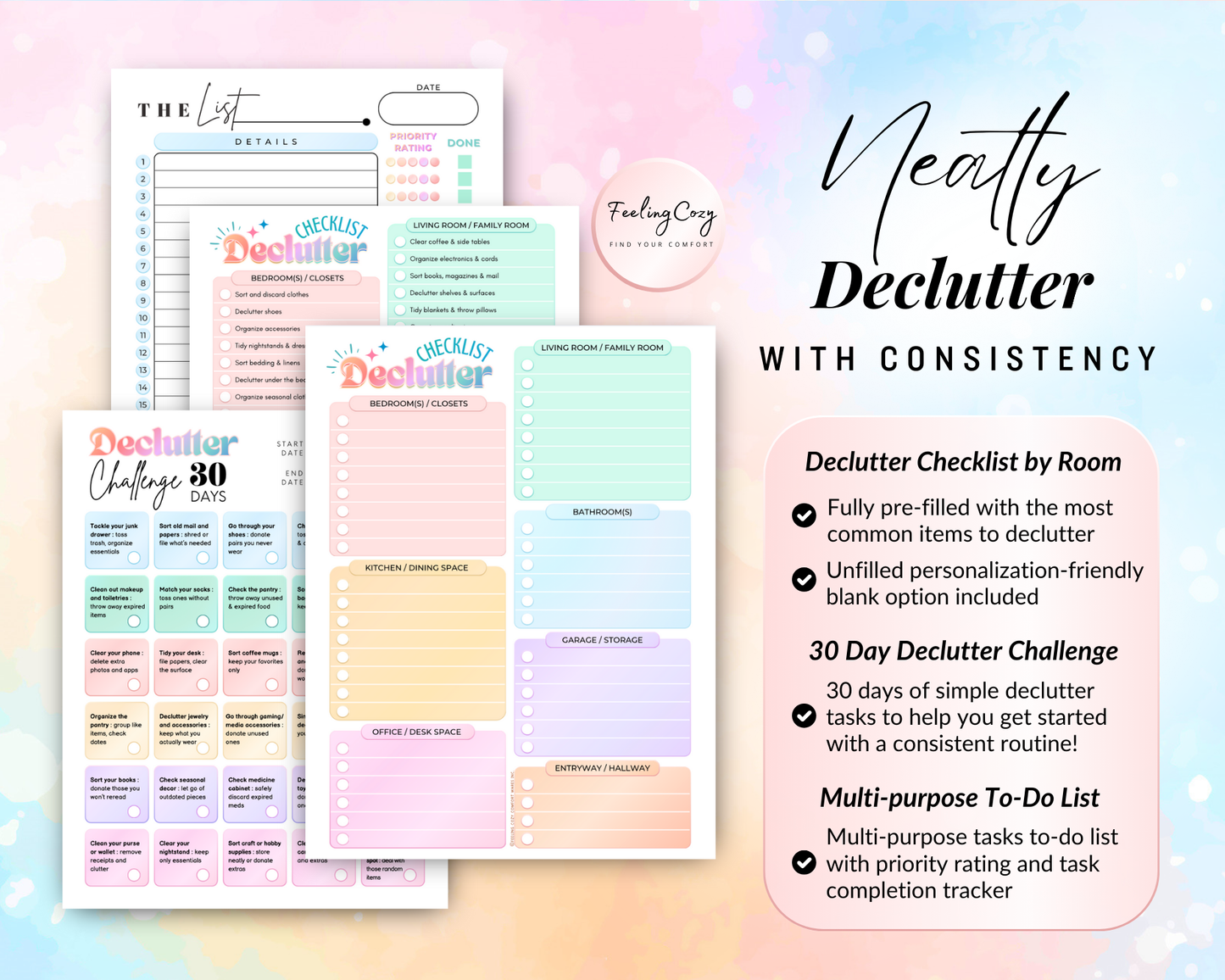 ADHD-friendly decluttering system featuring a room-by-room declutter checklist and a 30-day declutter challenge; includes pre-filled common items and a multi-purpose to-do list with priority ratings for consistent home organization.