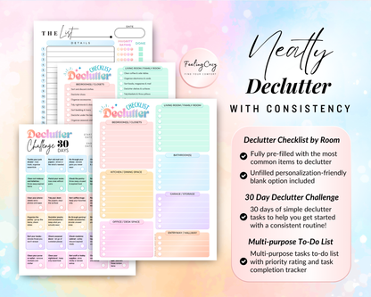 ADHD-friendly decluttering system featuring a room-by-room declutter checklist and a 30-day declutter challenge; includes pre-filled common items and a multi-purpose to-do list with priority ratings for consistent home organization.