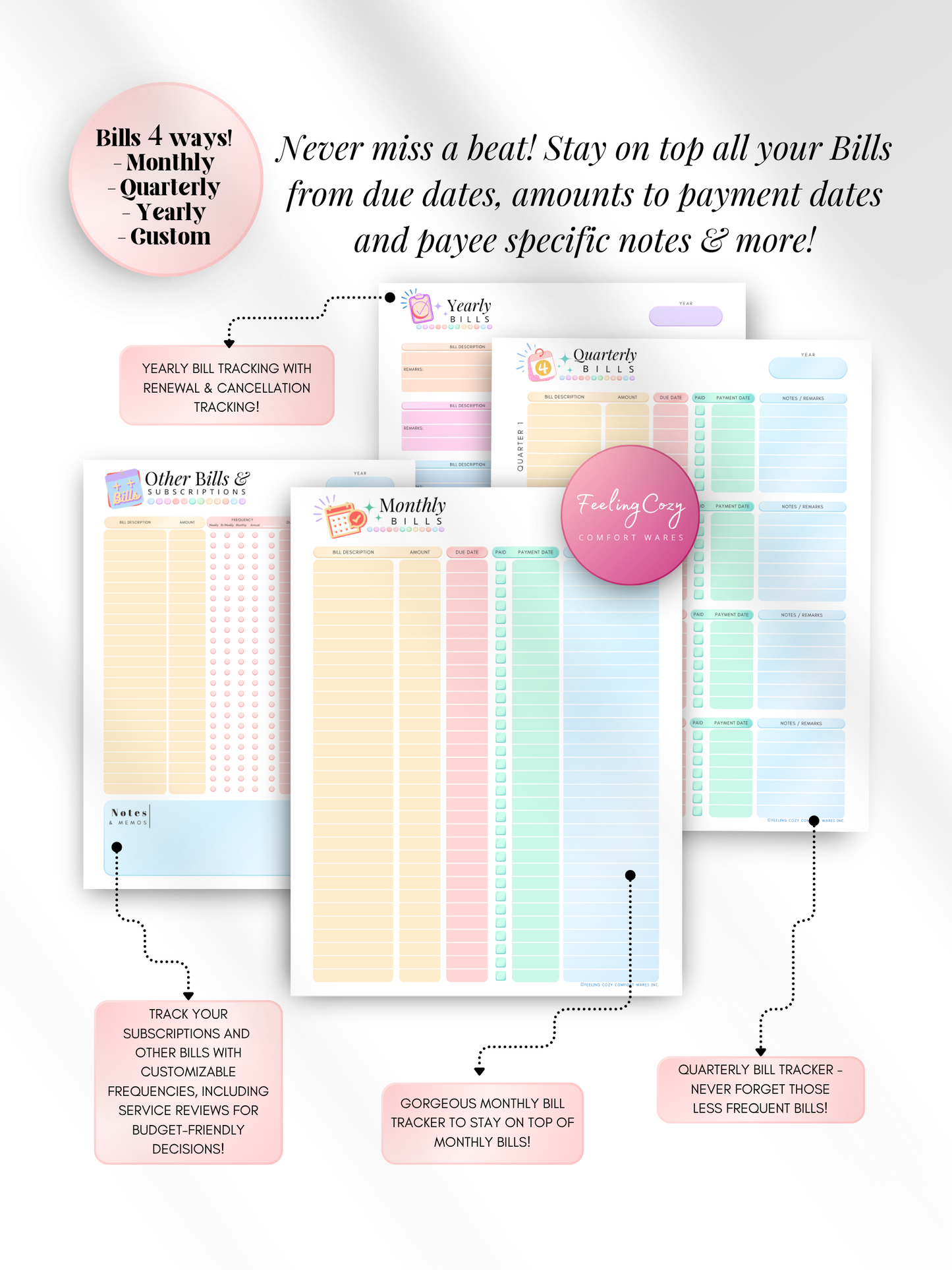 ADHD color-coded printable bill payment tracker — monthly, quarterly, yearly and custom bill trackers with subscription management, due date logs, and payee notes for print and Goodnotes digital insert use by Feeling Cozy