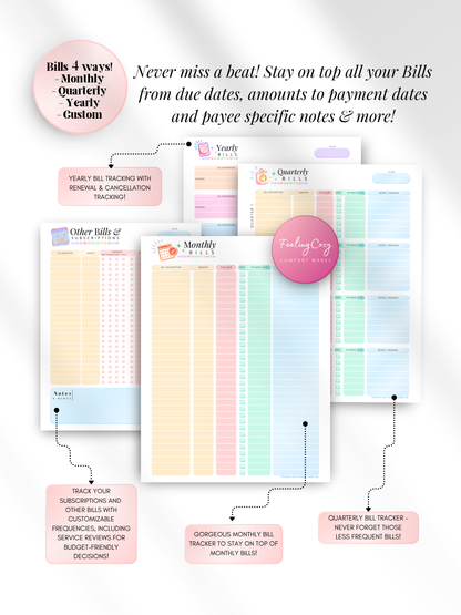ADHD color-coded printable bill payment tracker — monthly, quarterly, yearly and custom bill trackers with subscription management, due date logs, and payee notes for print and Goodnotes digital insert use by Feeling Cozy