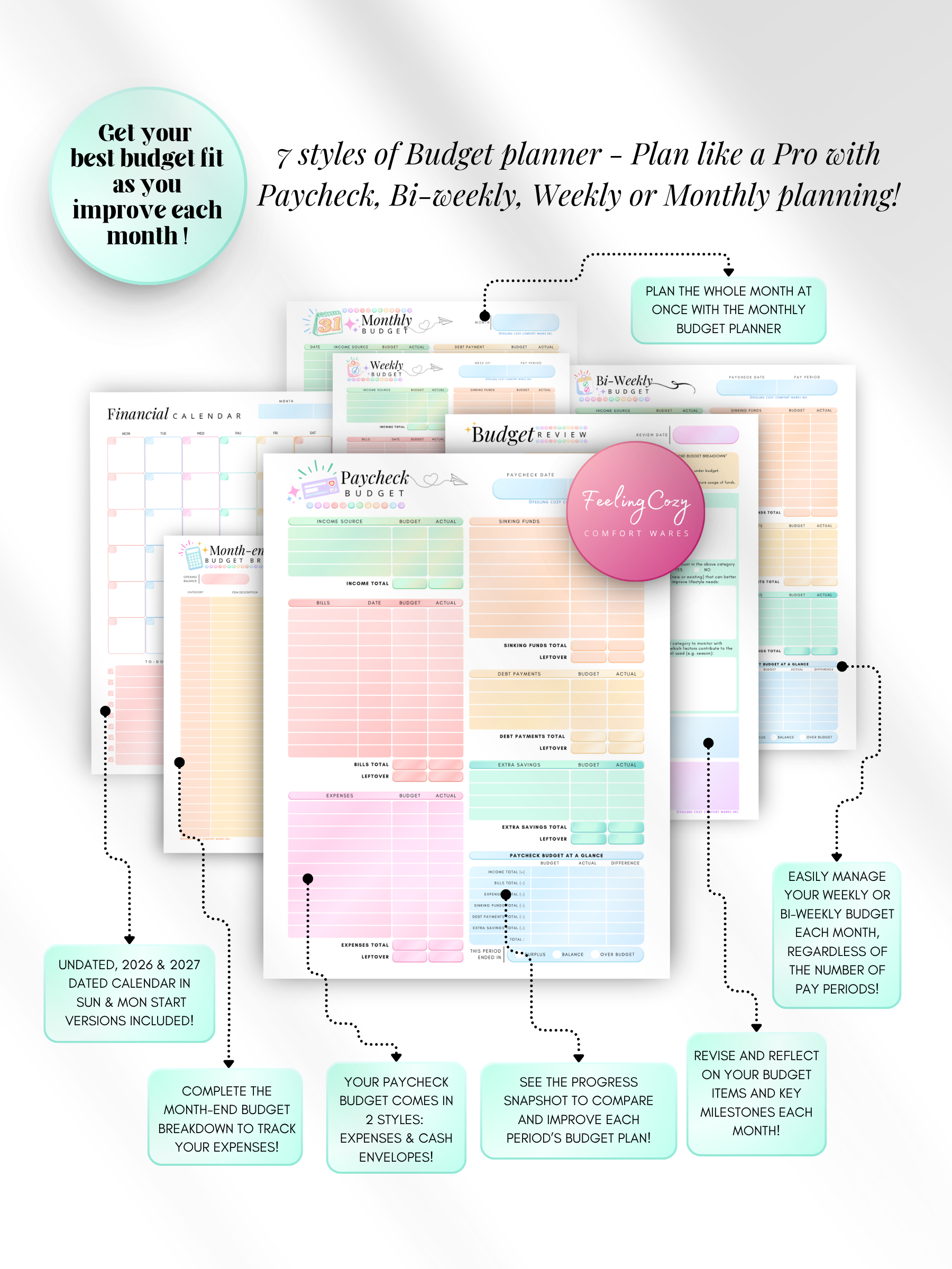 ADHD color-coded printable budget planner with 7 budgeting styles — paycheck, bi-weekly, weekly, and monthly planning layouts with financial calendar for print and Goodnotes digital insert use by Feeling Cozy