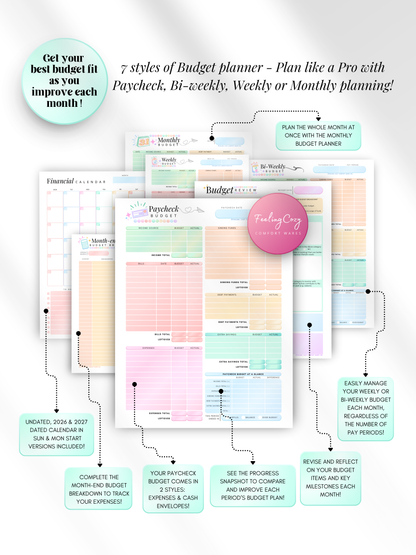 ADHD color-coded printable budget planner with 7 budgeting styles — paycheck, bi-weekly, weekly, and monthly planning layouts with financial calendar for print and Goodnotes digital insert use by Feeling Cozy