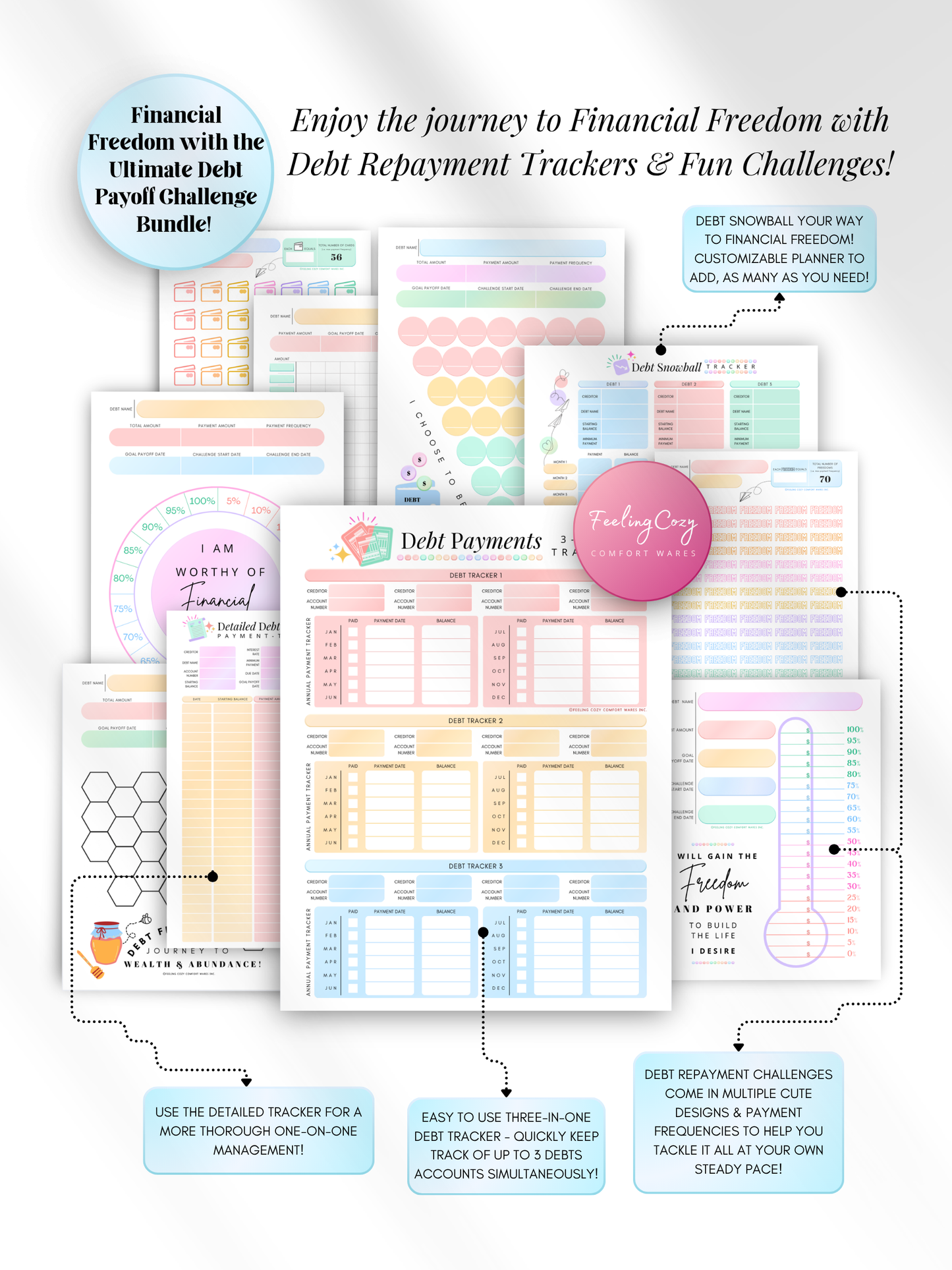 ADHD color-coded printable debt payoff challenge bundle — debt snowball tracker, 3-in-1 debt payment tracker, detailed debt tracker, and motivational debt repayment challenges for print and Goodnotes digital insert use by Feeling Cozy
