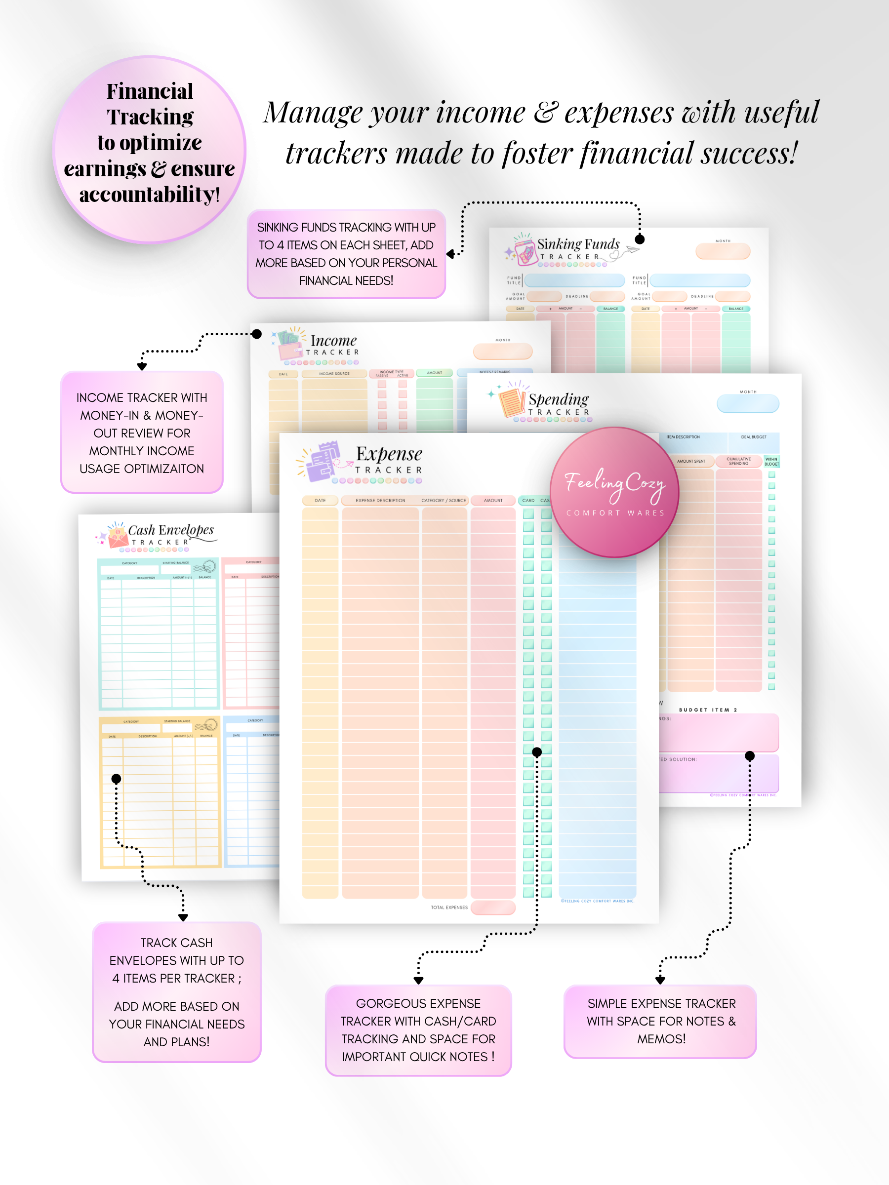 ADHD color-coded printable income and expense tracker bundle — expense tracker with cash and card tracking, income tracker, spending tracker, cash envelope tracker, and sinking funds tracker for print and Goodnotes digital insert use by Feeling Cozy