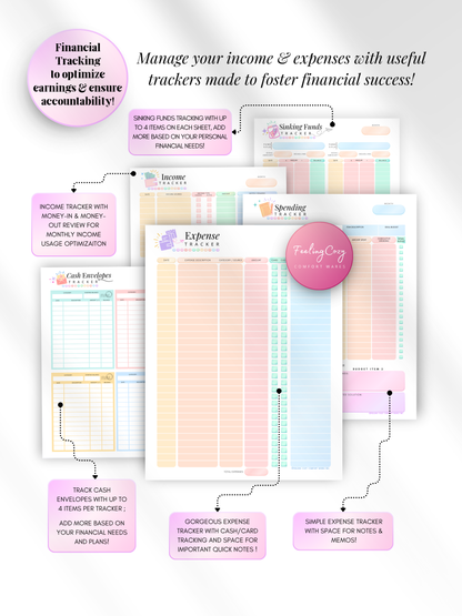 ADHD color-coded printable income and expense tracker bundle — expense tracker with cash and card tracking, income tracker, spending tracker, cash envelope tracker, and sinking funds tracker for print and Goodnotes digital insert use by Feeling Cozy