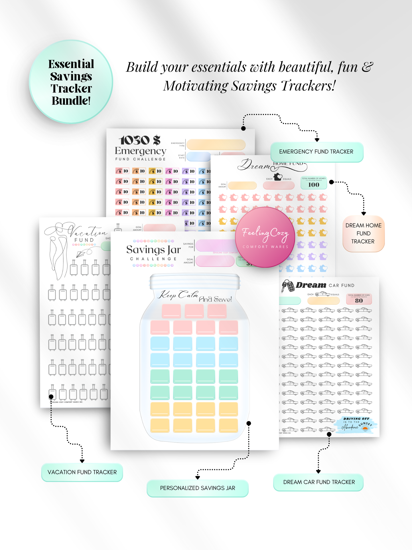 ADHD color-coded printable essential savings tracker bundle — personalized savings jar challenge, emergency fund tracker, vacation fund, dream home fund, and dream car fund trackers for print and Goodnotes digital insert use by Feeling Cozy