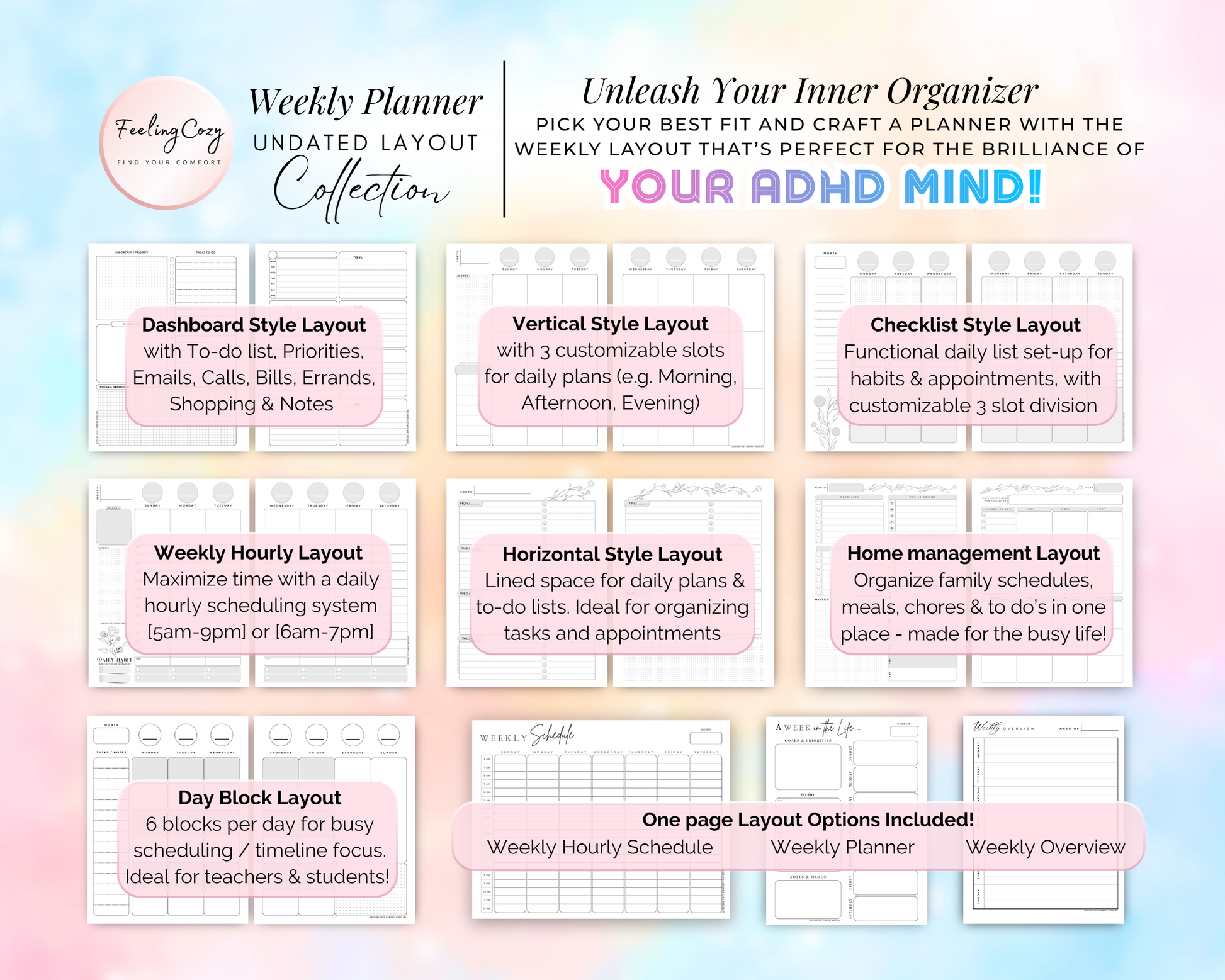 Undated weekly planner layout collection for Happy Planners, specifically designed for ADHD organization. Features dashboard style, vertical 3-slot, checklist, hourly, horizontal, and home management layouts. Includes day block options and one-page weekly schedules in minimalist black and white.
