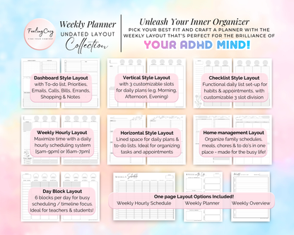 Undated weekly planner layout collection for Happy Planners, specifically designed for ADHD organization. Features dashboard style, vertical 3-slot, checklist, hourly, horizontal, and home management layouts. Includes day block options and one-page weekly schedules in minimalist black and white.
