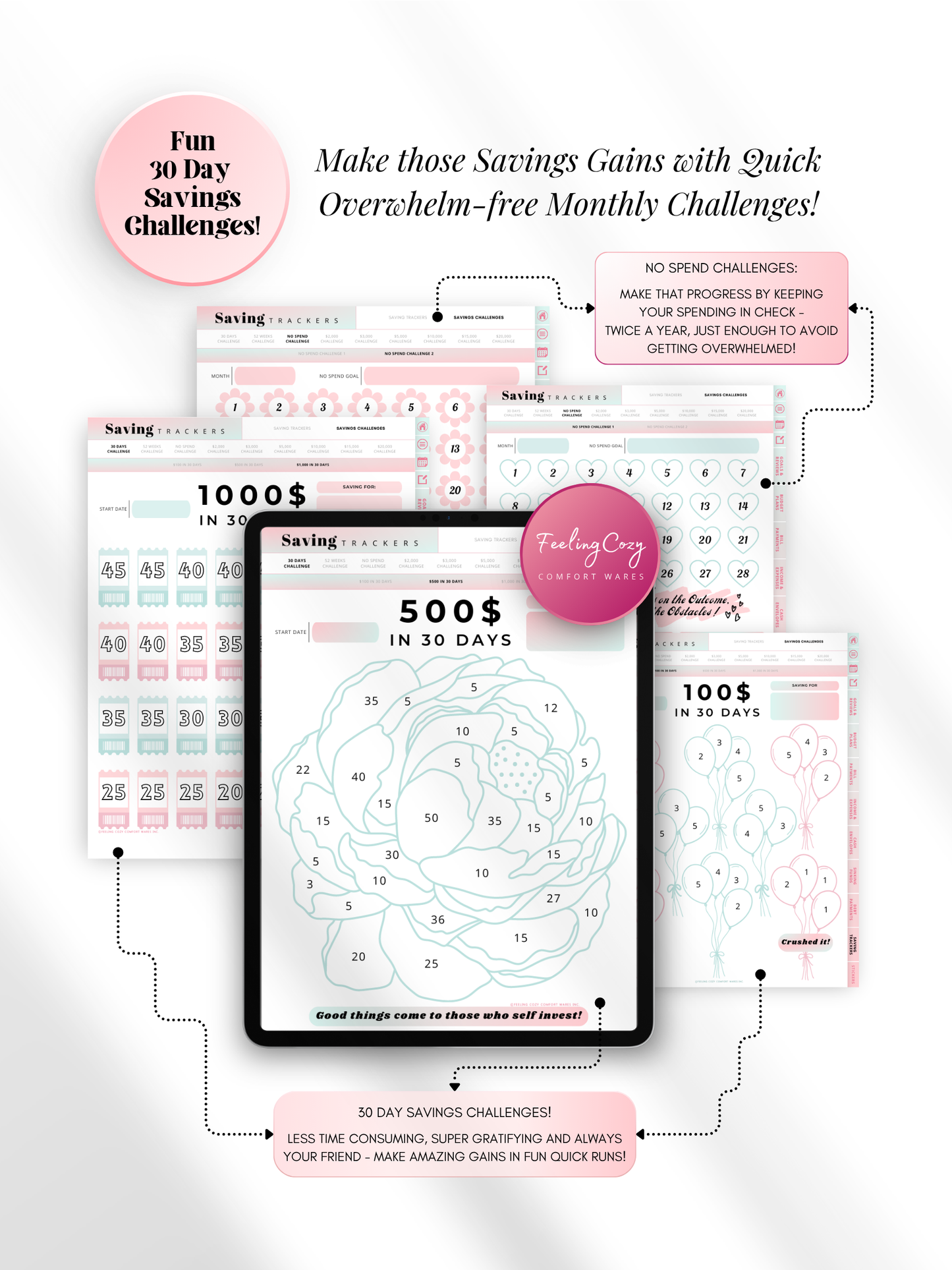 Aesthetic ombre 30-day savings challenge trackers for iPad — $100, $500, and $1000 in 30 days with No Spend challenge calendars for overwhelm-free monthly savings goals in Goodnotes by Feeling Cozy