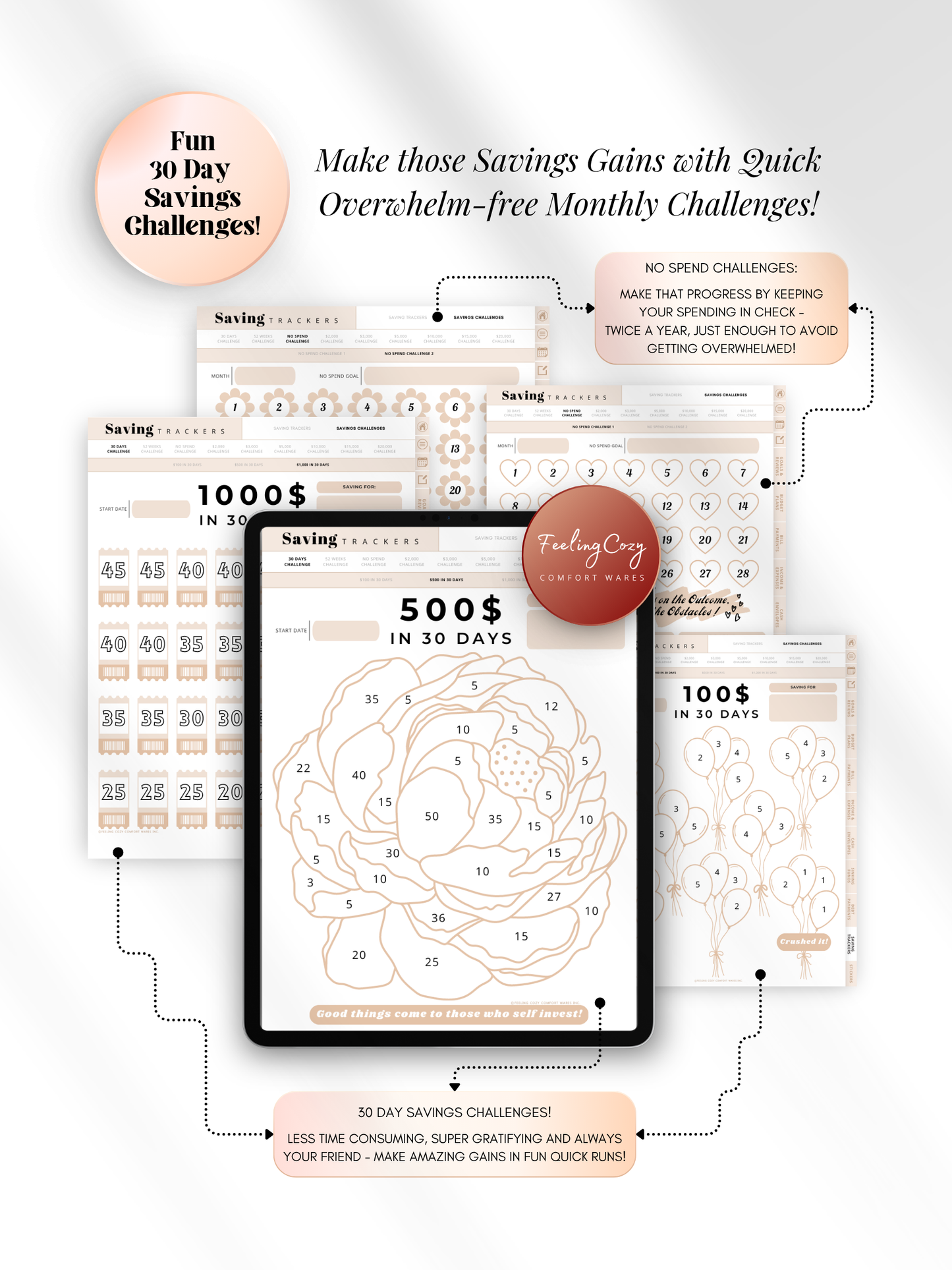 Aesthetic pink 30-day savings challenge trackers for iPad — $100, $500, and $1000 in 30 days with No Spend challenge calendars for overwhelm-free monthly savings goals in Goodnotes by Feeling Cozy