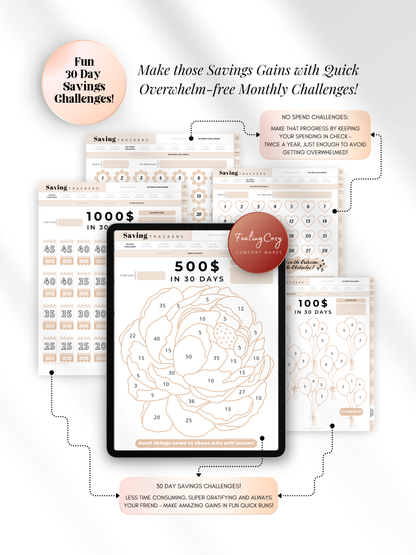 Aesthetic pink 30-day savings challenge trackers for iPad — $100, $500, and $1000 in 30 days with No Spend challenge calendars for overwhelm-free monthly savings goals in Goodnotes by Feeling Cozy