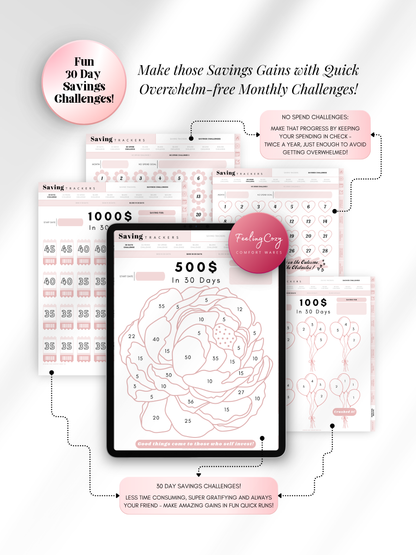 Aesthetic pink 30-day savings challenge trackers for iPad — $100, $500, and $1000 in 30 days with No Spend challenge calendars for overwhelm-free monthly savings goals in Goodnotes by Feeling Cozy