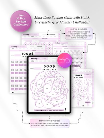 Aesthetic purple 30-day savings challenge trackers for iPad — $100, $500, and $1000 in 30 days with No Spend challenge calendars for overwhelm-free monthly savings goals in Goodnotes by Feeling Cozy