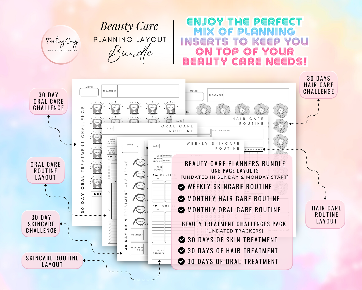 Beauty care planning layout bundle for Happy Planners. Includes weekly skincare routines, monthly hair care and oral care trackers, and 30-day challenges for skin, hair, and oral treatment. Features undated one-page layouts with Sunday and Monday start options in a clean, minimalist design.