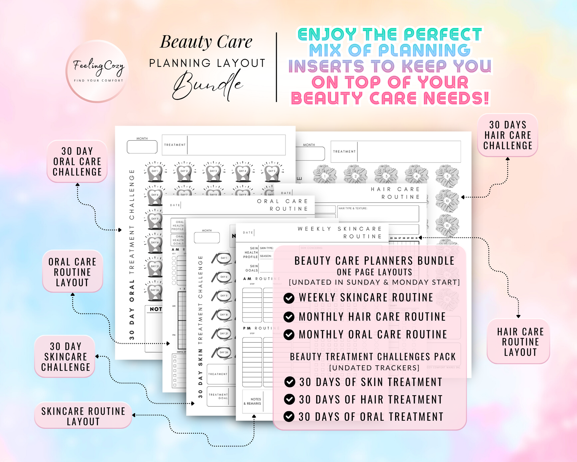 Beauty care planning layout bundle for Happy Planners. Includes weekly skincare routines, monthly hair care and oral care trackers, and 30-day challenges for skin, hair, and oral treatment. Features undated one-page layouts with Sunday and Monday start options in a clean, minimalist design.