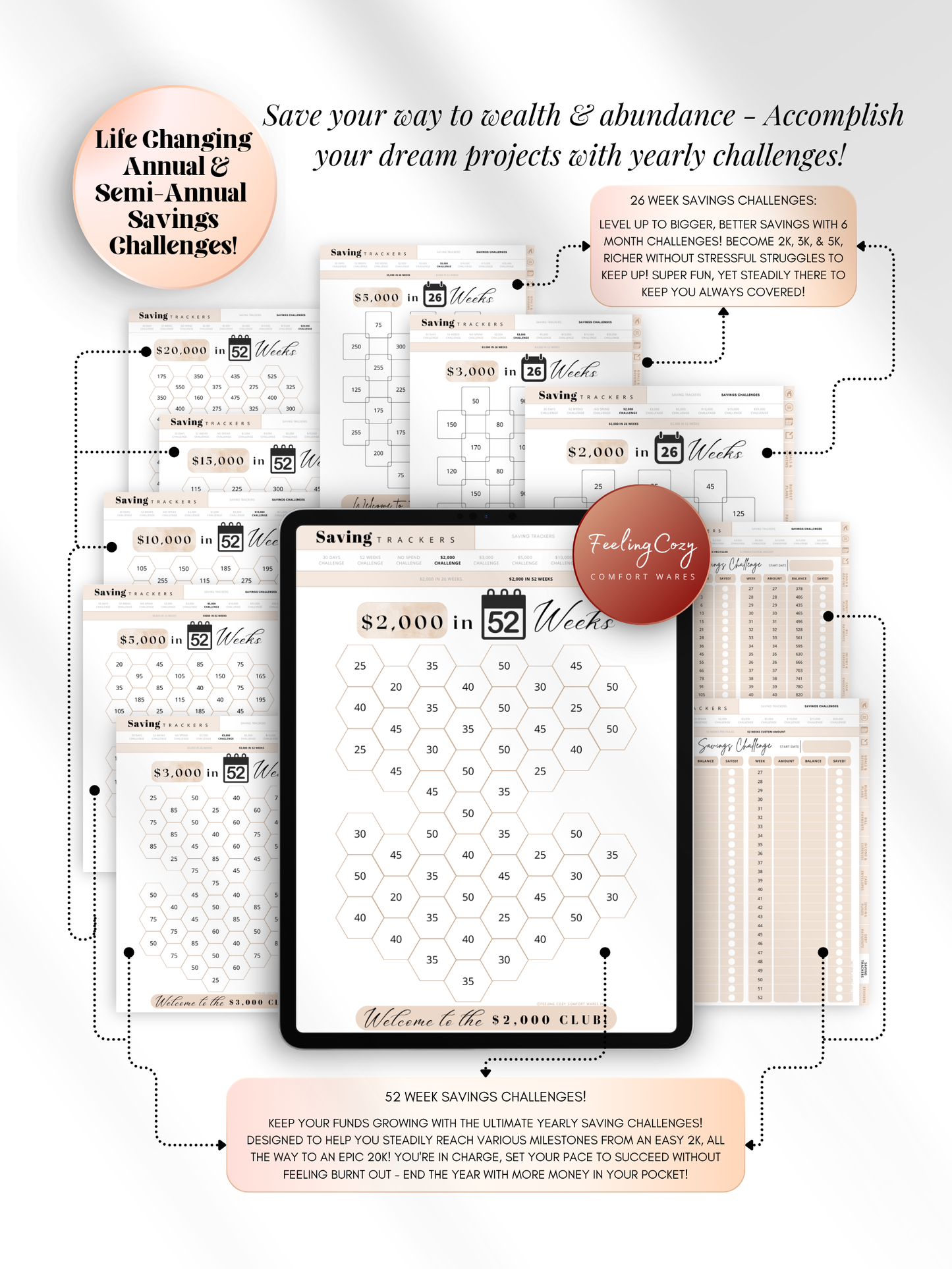 Beige aesthetic 52-week savings challenge tracker for iPad — hexagon-style coloring trackers for goals from $2,000 to $20,000 with 26-week and 52-week formats for Goodnotes and Notability by Feeling Cozy