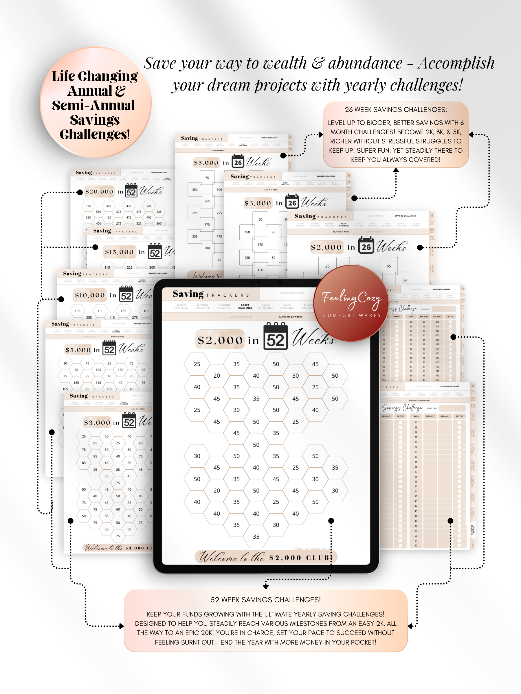 Beige aesthetic 52-week savings challenge tracker for iPad — hexagon-style coloring trackers for goals from $2,000 to $20,000 with 26-week and 52-week formats for Goodnotes and Notability by Feeling Cozy