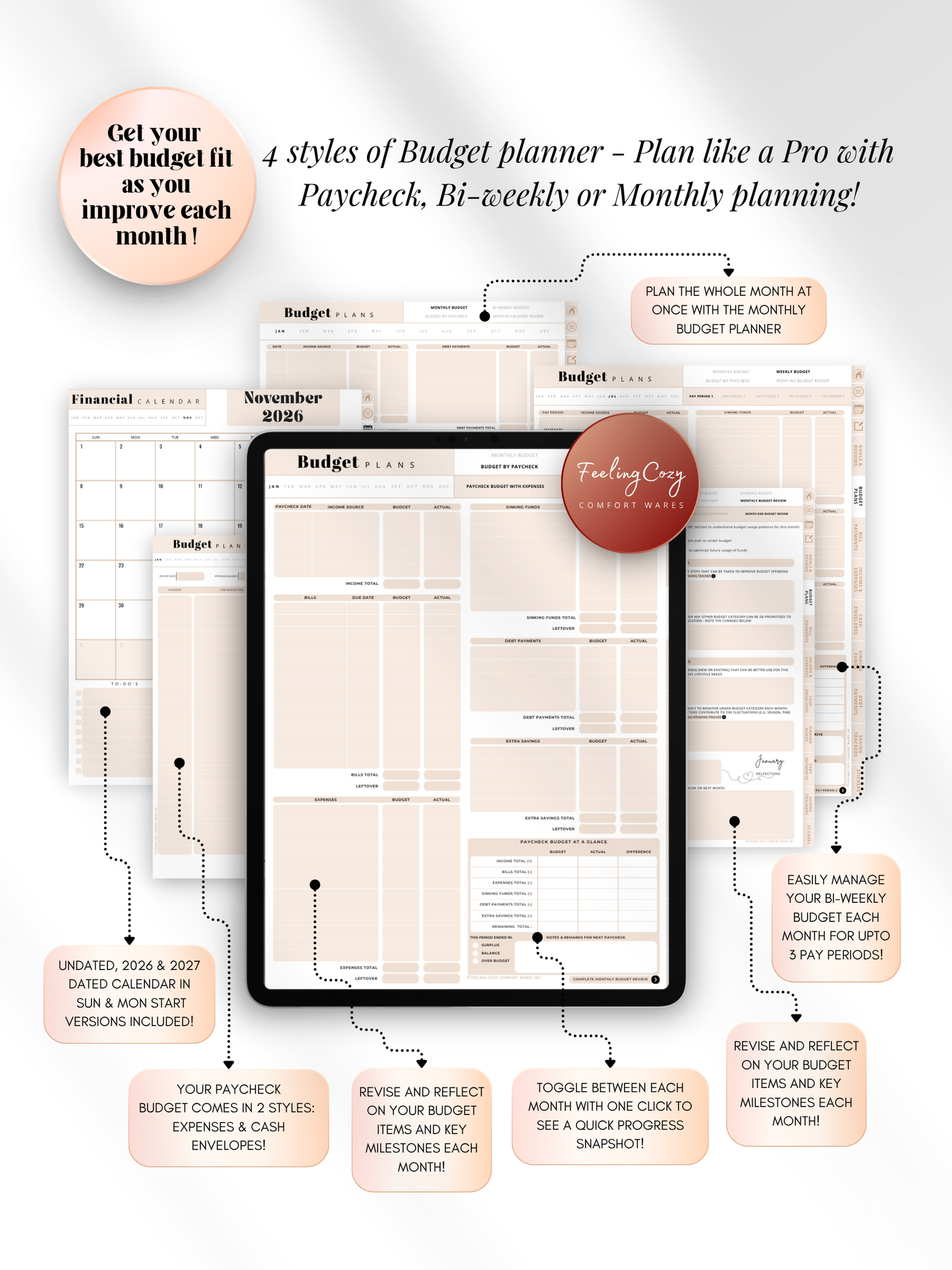 Aesthetic beige digital budget planner with 4 budgeting styles — paycheck, bi-weekly, and monthly planning layouts for iPad, Goodnotes, and Notability. Includes 2026 and 2027 dated calendars by Feeling Cozy