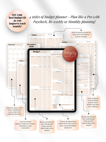 Aesthetic beige digital budget planner with 4 budgeting styles — paycheck, bi-weekly, and monthly planning layouts for iPad, Goodnotes, and Notability. Includes 2026 and 2027 dated calendars by Feeling Cozy