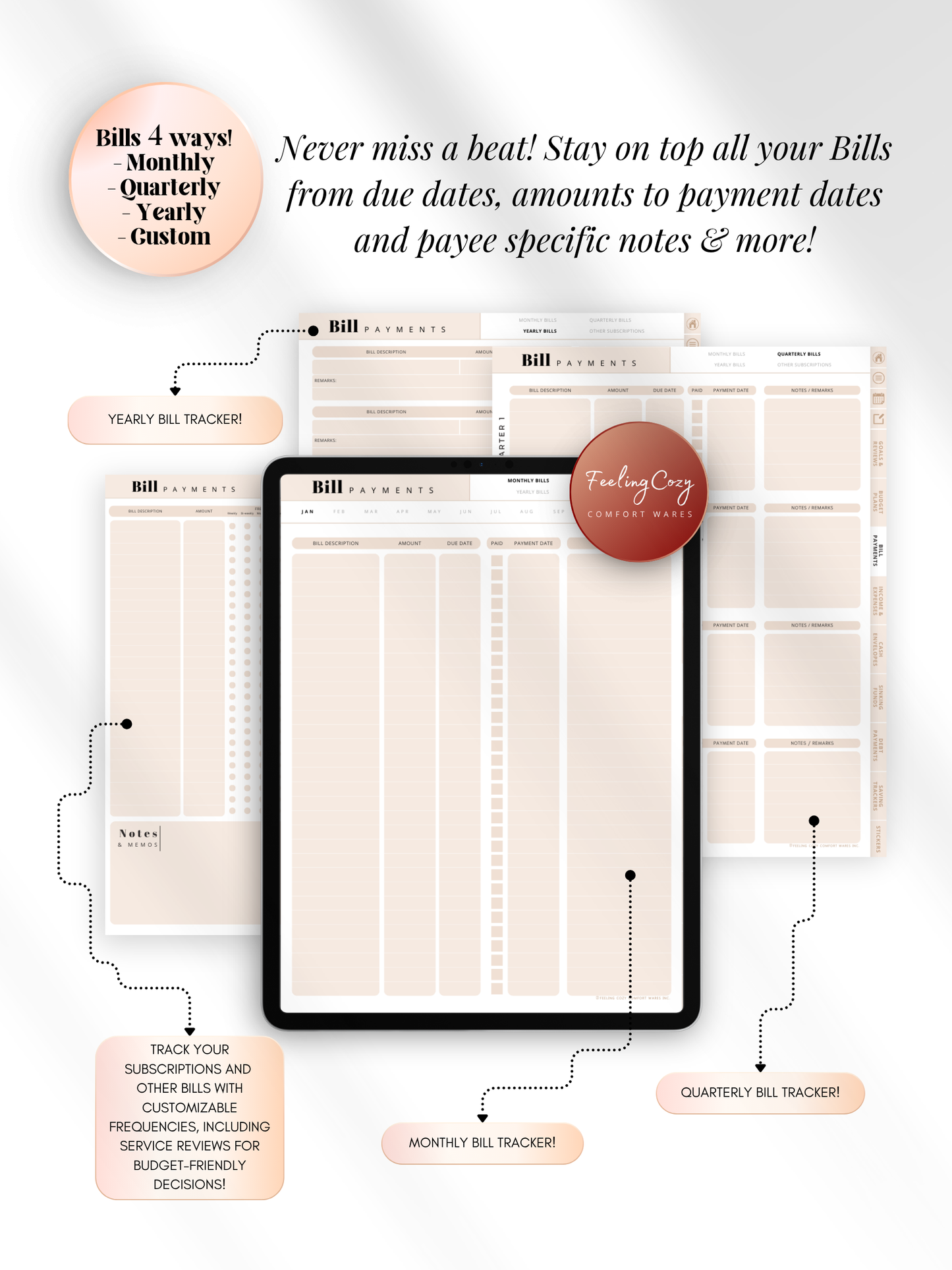 Beige aesthetic digital bill payment tracker for iPad — monthly, quarterly, yearly and custom bill trackers with due date logs, subscription management, and payee notes for Goodnotes by Feeling Cozy