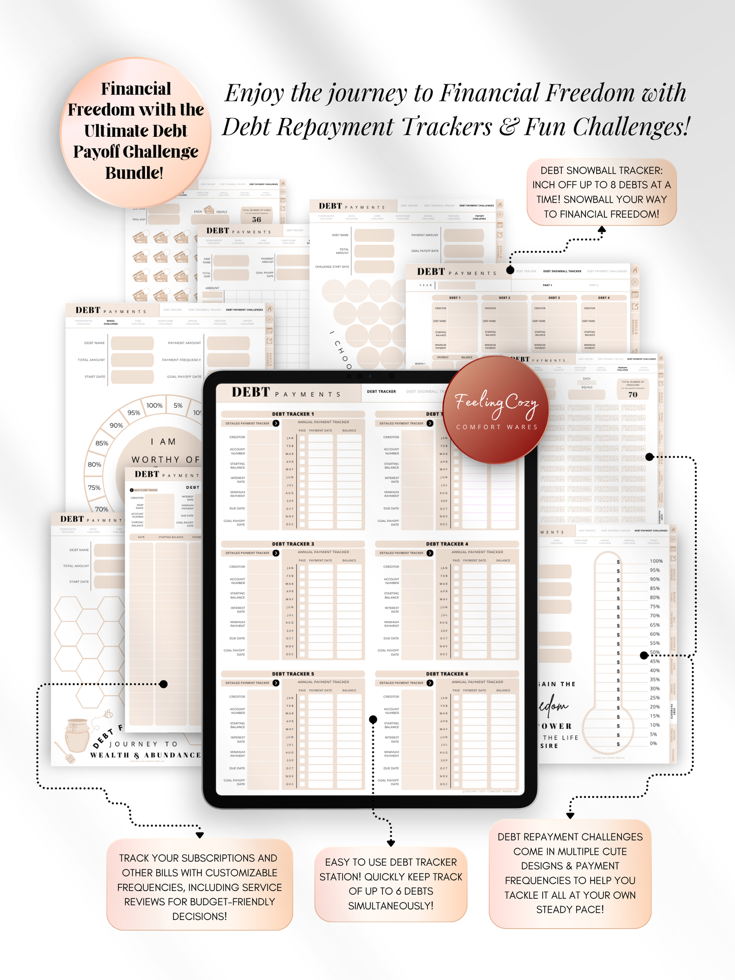 Aesthetic beige digital debt payoff challenge bundle for iPad — debt snowball tracker for up to 8 debts, 6-debt tracking station, progress thermometers, and motivational affirmations for Goodnotes and Notability by Feeling Cozy
