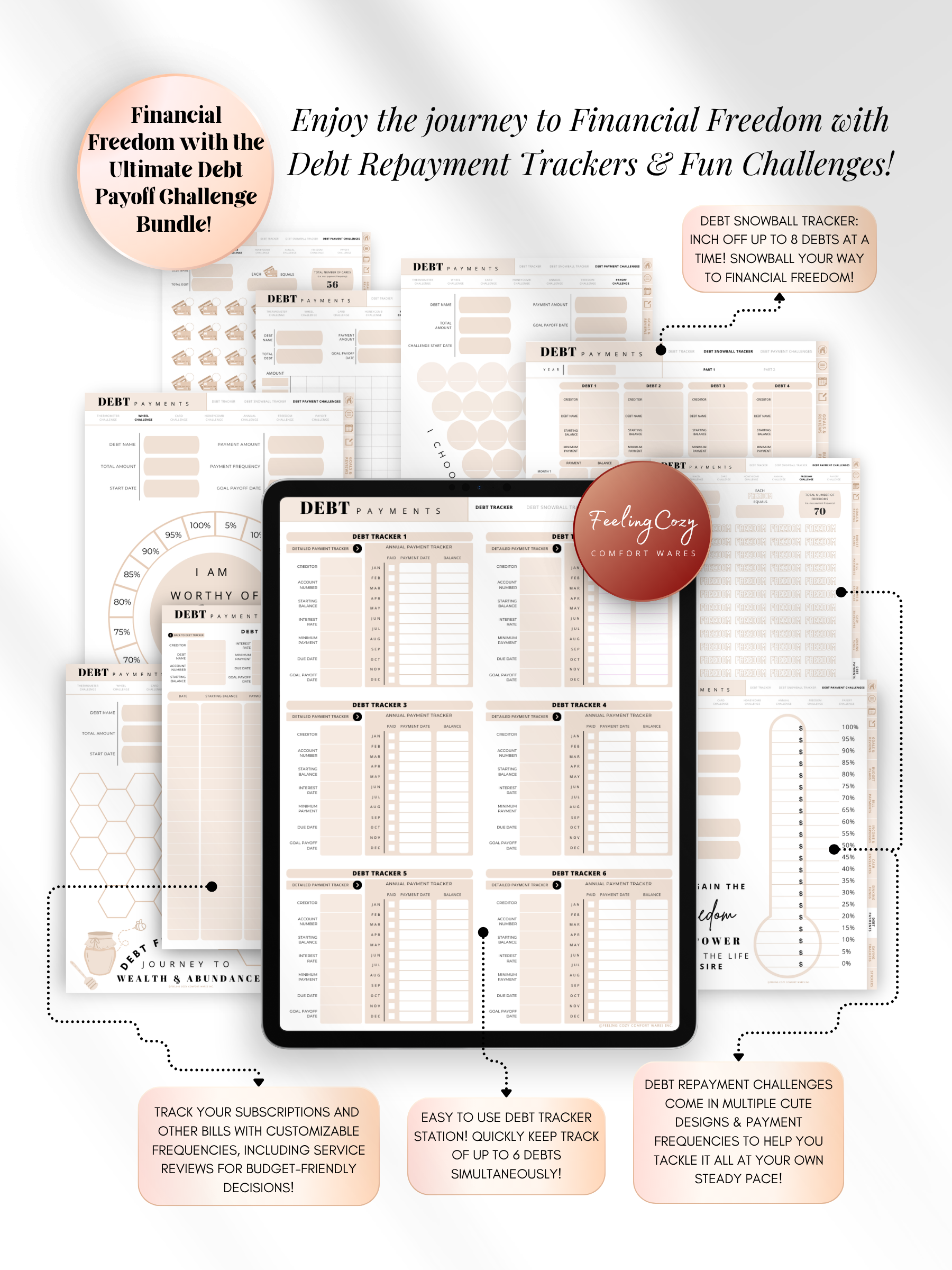 Aesthetic beige digital debt payoff challenge bundle for iPad — debt snowball tracker for up to 8 debts, 6-debt tracking station, progress thermometers, and motivational affirmations for Goodnotes and Notability by Feeling Cozy