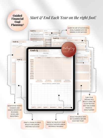Beige digital financial goal planner for iPad — 4-step method goals workbook, annual progress tracker, and net worth review pages for Goodnotes and Notability by Feeling Cozy