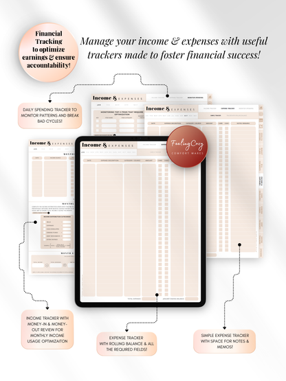 Beige aesthetic digital income and expense tracker for iPad — daily spending log, rolling balance expense tracker, and monthly income review for Goodnotes and Notability by Feeling Cozy