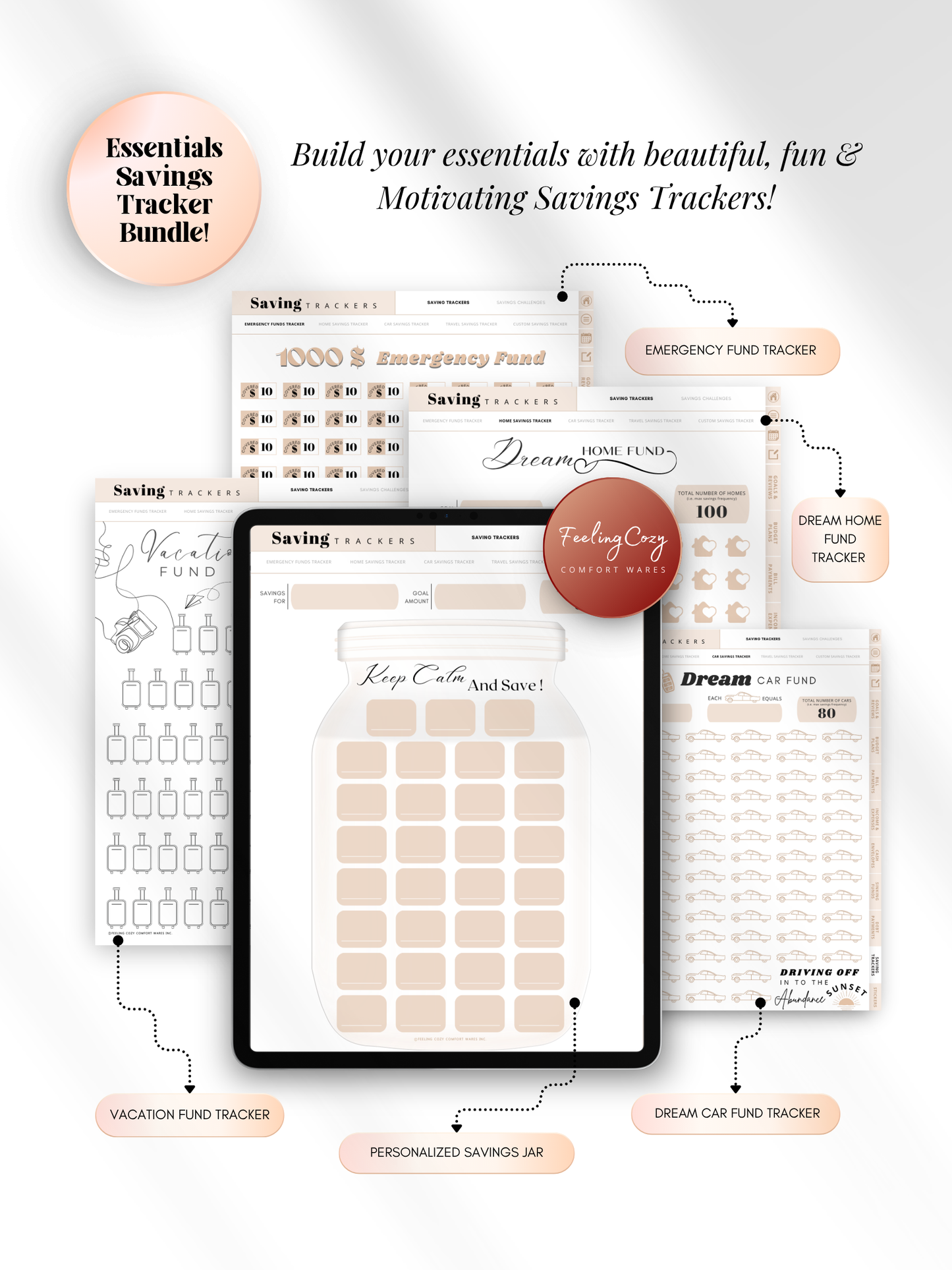  Beige aesthetic digital savings tracker bundle for iPad — personalized savings jar, emergency fund tracker, vacation fund, dream home and dream car fund trackers for Goodnotes and Notability by Feeling Cozy