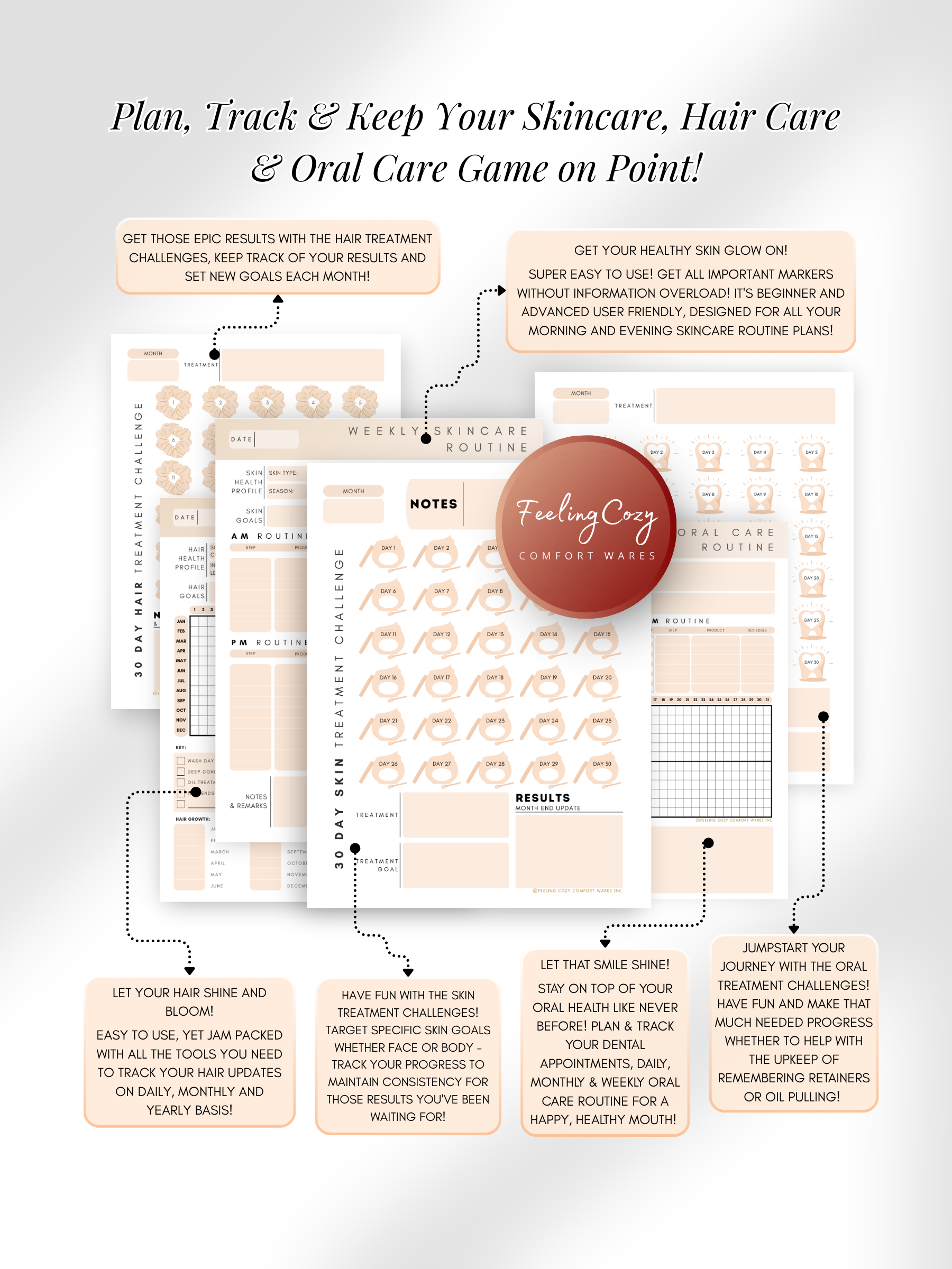 Beige aesthetic Glow-Up Planner beauty journal pages, skincare, hair care and oral care routine tracker, printable PDF by Feeling Cozy