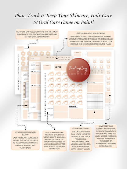Beige aesthetic Glow-Up Planner beauty journal pages, skincare, hair care and oral care routine tracker, printable PDF by Feeling Cozy