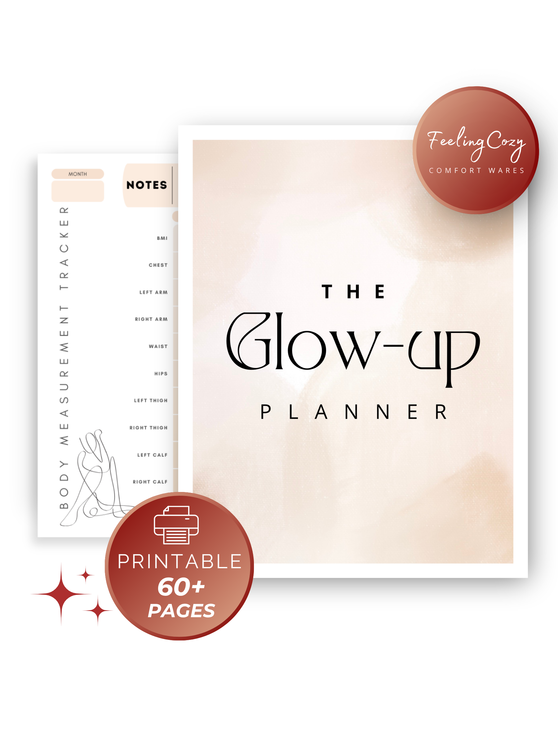 Beige aesthetic Glow-Up Planner cover, printable PDF, 60+ pages fitness diet skincare mindset planner by Feeling Cozy