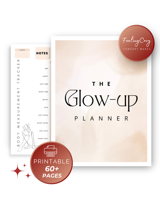 Beige aesthetic Glow-Up Planner cover, printable PDF, 60+ pages fitness diet skincare mindset planner by Feeling Cozy