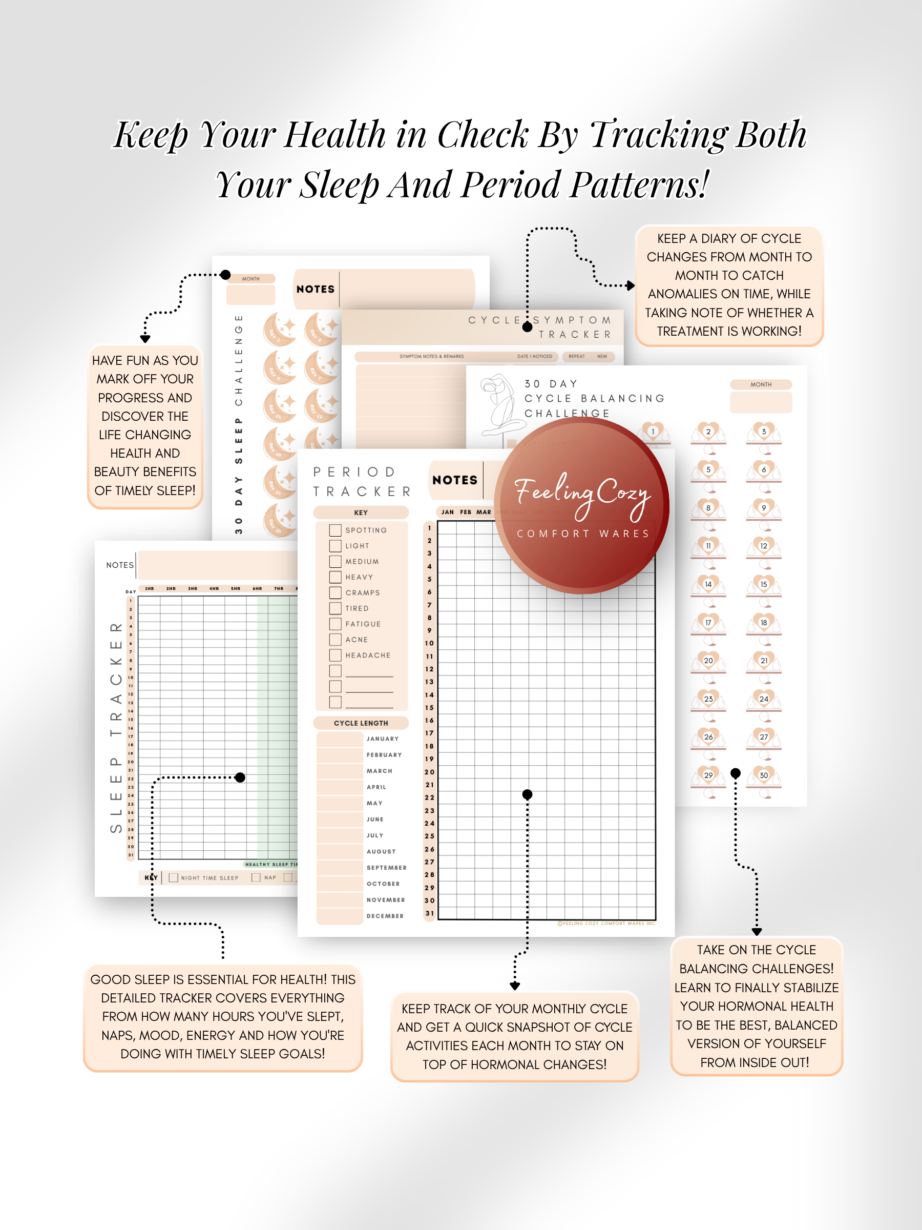 Beige aesthetic Glow-Up Planner cycle and sleep health pages, period tracker and sleep tracker, printable PDF by Feeling Cozy
