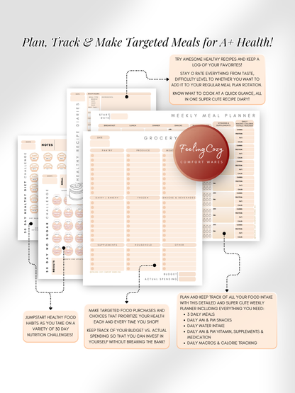 Beige aesthetic Glow-Up Planner diet journal pages, weekly meal planner and grocery list tracker, printable PDF by Feeling Cozy