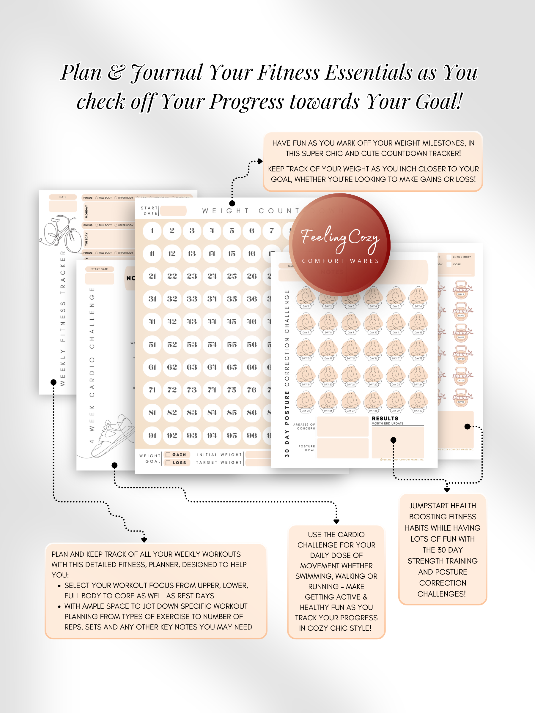 Beige aesthetic Glow-Up Planner fitness journal pages, weight countdown tracker and 4 week cardio challenge, printable PDF by Feeling Cozy